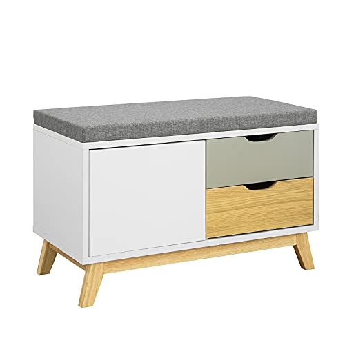 SoBuy FSR92-W Schuhbank mit 2 Schubladen und 1 Tür Truhenbank Sitzbank mit Stauraum Garderobenbank Dielenbank Bettbank Schuhtruhe Sitzkommode BHT ca.: 80x51x38cm