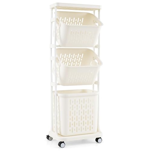 LIFEZEAL Wäschekorb auf Rollen, Wäschekorbwagen 3 Fächer, Wäschesammler mit Griffen, Wäschesortierer Plastik mit Ablage, Aufbewahrungswagen für Badezimmer, Waschküche, Küche