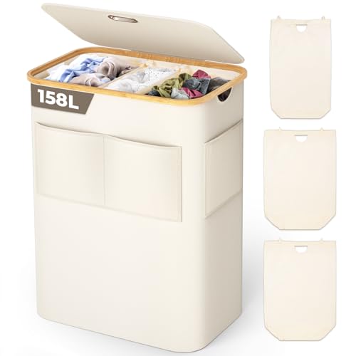 OUSFOT Wäschekorb mit Deckel 3 Fächer 158L Wäschesammler faltbar aus 600D Oxford-Gewebe mit Abnehmbarem Wäschesack, vorne Stofftasche Bambus-Wäschebox Wäschesortierer Wäschetonne Laundry baskets Beige