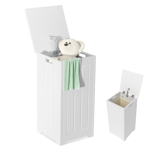 COSTWAY Wäscheschrank freistehend, Wäschetruhe Holz, Wäschesammler mit Deckel und Tasche, Lagerschrank Badezimmer, Badezimmerschrank, Badschrank weiß
