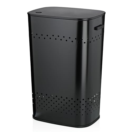 kela Sitz- Wäschekorb mit Deckel, Wäschesammler mit guter Luftzirkulation, Wäschetonne 39,5 x 29,5 x 57,5 cm, MALAGA, Metallkorb schwarz