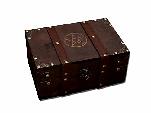 Truhe aus Holz und Leder, Holzkiste mit Pentagramm Gravur und Samtfutter, Aufbewahrungsbox für Wicca-Zubehör und Werkzeuge Aufbewahrungsbox