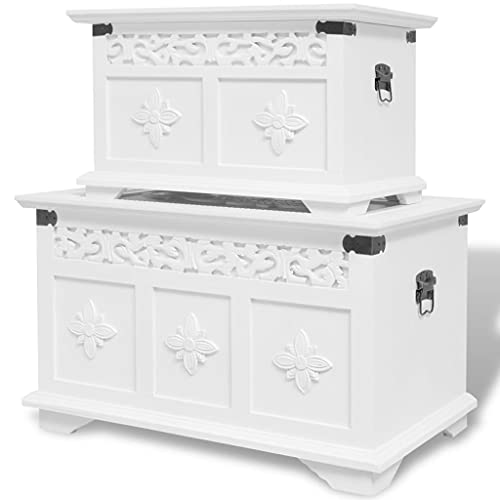 2 Stück Aufbewahrungstruhen Set Truhe Holztruhe mit Stauraum, Antikoptik Holzbox Nostalgie-Dekoration, Weiß, 54 x 33 x 30 cm