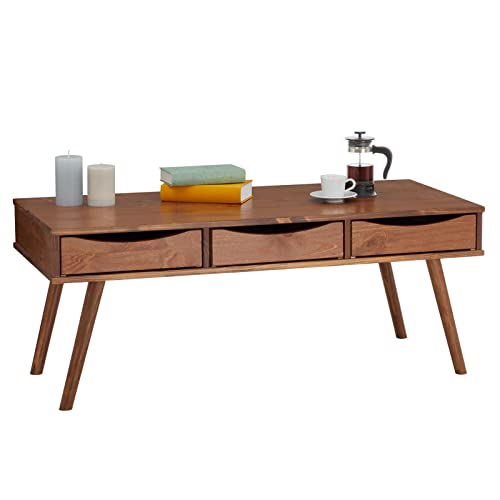 IDIMEX Couchtisch Julie, schöner Wohnzimmertisch mit 3 Schubladen, reizender Beistelltisch im skandinavischen Design, praktischer Sofatisch aus massiver Kiefer in Kastanie