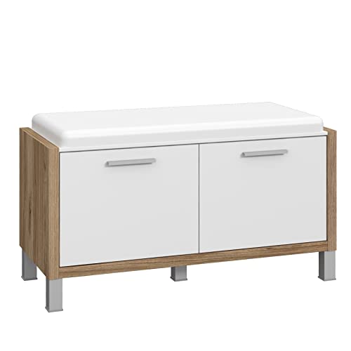 Newroom Sitzbank Catania Eiche und Weiß Schuhschrank Modern - 96,1x54,2x41,5 cm (BxHxT) - Schuhablage Sitzcontainer Sitzhocker - [Mostar.Four] Flur Diele Eingangsbereich