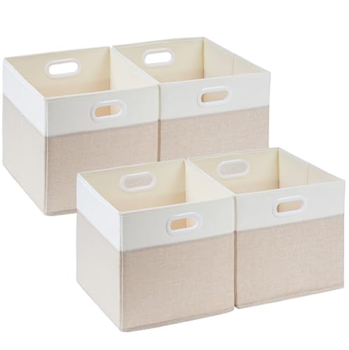 SOCOHOME Aufbewahrungsboxen Stoff,25x25x25cm Faltbare Aufbewahrungskörbe für Truhen Spielzeug Regal,Waschbar(Hellbeige/ Weiß, 4 Pack)
