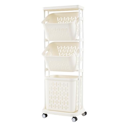 GIANTEX Wäschekorb 3 Fächer, Wäschewagen mit 4 Rollen & Ablage, Schmaler Wäschesammler 40 x 30 x 112 cm, Wäschesortierer für Waschküche & Badezimmer
