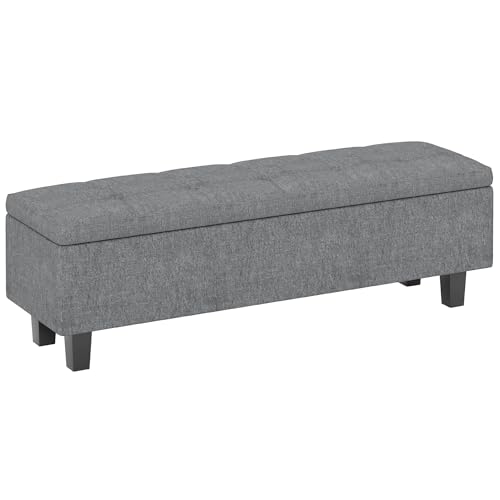 HOMCOM Sitzbank mit Stauraum, Polsterbank mit Leinenoptik, Holzbeine, Moderne Bettbank für Flur, Schlafzimmer, Wohnzimmer, 138 x 40 x 45 cm, Dunkelgrau