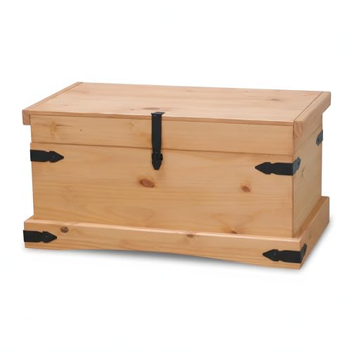 Hacienda-Look – Aufbewahrungs Truhe New Mexico massiv Kiefer Holzkiste Box gelaugt – Tisch – B83,5xH30xT45,5 cm – massive Kiefer – Farbe Schwarz – Hacienda-Stil – wärmender Massivholz-Look fürs