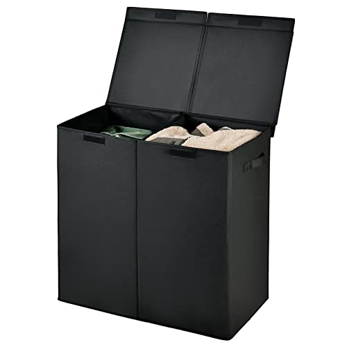 GIANTEX Wäschekorb 115 L mit 2 Fächern, Wäschesammler Wäschebox mit Deckel & Griff, Wäschesortierer Wäschesack aus Vliesstoff, Wäschetruhe Wäschetrenner 62 x 31 x 60 cm (Schwarz)
