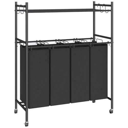 HOOBRO Wäschekorb, Wäschesortierer mit 4 abnehmbaren Stofftaschen, Wäschesammler mit Netzablage und abnehmbaren Haken, Wäschewagen mit großer Kapazität, für Waschküche, Schwarz EBB10XY01