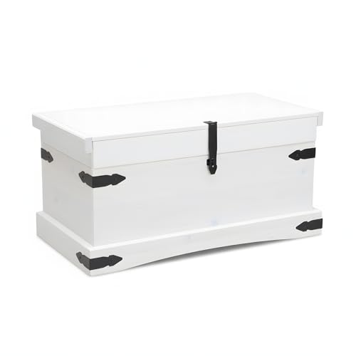 Dynamic24 Hacienda-Look – Massive Kiefer Truhe New Mexico - weiß gewachst – Tisch – B92,5xH45,5xT52 cm – massive Kiefer – Farbe Weiß – Hacienda-Stil – wärmender Massivholz-Look fürs Zuhause