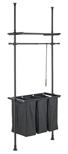 WENKO Teleskop-System Herkules Laundry, Wäschesortierer mit 3 Fächern je 46 l, Aufhänge- und Ablagemöglichkeit, 73-120 x 165-300 x 42,5 cm, Schwarz