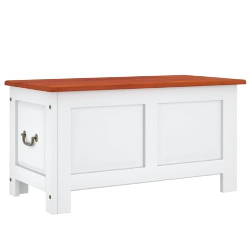 Homgoday Truhe mit Deckel Braun und Weiß Massivholz Akazie Aufbewahrungsbox Model364919
