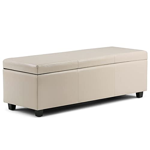 Moderne gepolsterte Ledertruhe mit getufteter Holzplatte, rechteckiger Sitzbank, Couchtisch und Fußstütze, Hocker für Wohnzimmer und Schlafzimmer, Beige, 80 x 43 x 42 cm
