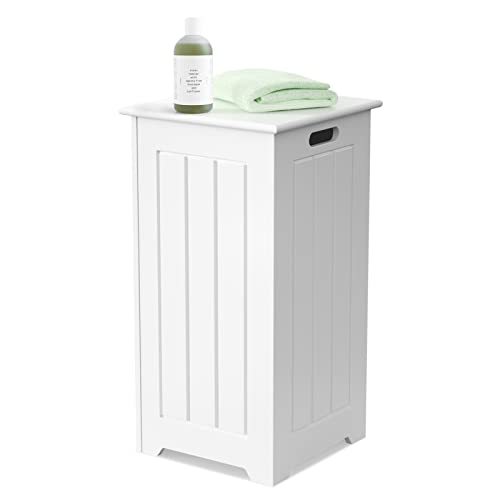 LIFEZEAL Wäschekorb mit Deckel, 54L Wäschebox mit Metallstützstange & ausgehöhlten Tragegriffen, Wäschesammler Wäschetruhe Platzsparend, 30 x 30 x 61 cm, Weiß (ohne Innentasche)