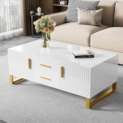 KOMHTOM Moderner Couchtisch, weiß, glänzend, Couchtisch, Truhe mit zwei Türen und Schubladen, Wohnzimmermöbel, kleiner Tisch (weiß)