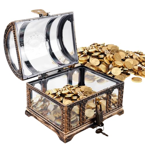 BORDEAG Schatztruhe Klein Plastik, Vintage Transparent Schatzkiste mit Schloss, Piraten Schatztruhe, Mini Schatztruhe für Pirat Schatz Party, Geburtstag, Geschenk für Aufbewahren (14cm×10cm×11cm)