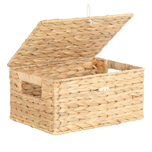 Ezvsevuo Aufbewahrungskorb | Korb Aufbewahrung geflochten aus Wasserhyazinthe | Aufbewahrungskörbe mit Deckel | Flechtkorb | 28,5 x 20 x 14 cm