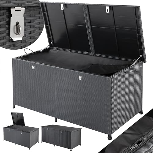 Casaria® Gartenbox XXL Polyrattan Wetterfest 625L UV-beständig Griffe Rollen Gasdruckfeder Garten Wintergarten Auflagenbox Kissenbox 150x77cm Schwarz