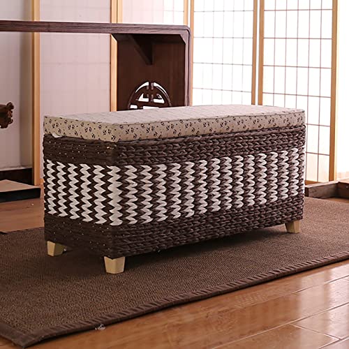 Rustikale Fußhockerbank mit Stauraum aus Seegras-Rattan mit geflochtener Korbtruhe, Fußende des Bettes, Eingangsbereich, Schuhbank für Wohnzimmer, Schlafzimmer, Kaffeefarbe, 50 x 30 x 40 cm