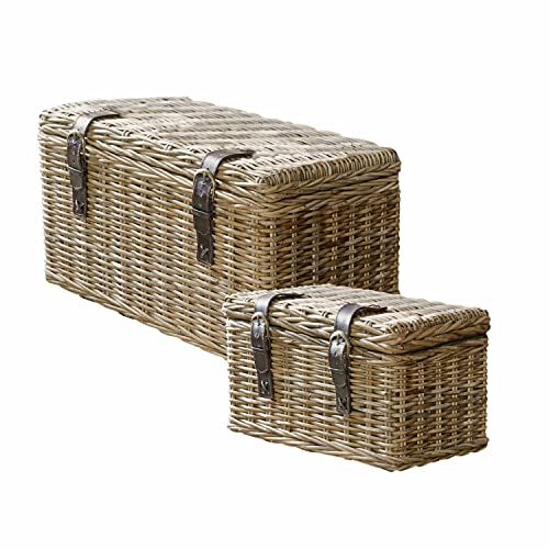 Loberon Truhe 2er Set Darill, traditionell von Hand gefertigt, Zwei Größen, Ordnungshelfer, Aufbewahrung, Mahagoniholz, Rattan, Rindsleder, braun