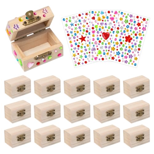 Sxutop 16 Stück Mini Schatzkiste Holz Schatztruhe Klein Set Schatzkiste Kindergeburtstag 6*3.5*3.5cm Holzkiste mit Diamantaufkleber Holztruhe Klein mit Deckel für Bemalen Piratenparty Geburtstags DIY