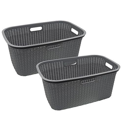 HRB Wäschekorb Plastik Rattan Optik, 40 L Wäsche Box Volumen, Wäschesammler mit 58,5 x 39 x 26 cm Außenmaß, Wäsche Sortierer groß, Aufbewahrungskorb (2 Stück, Grau)