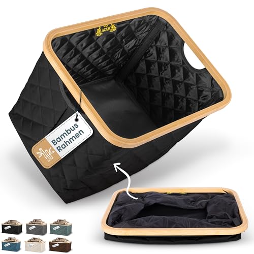 LACAZO NEU faltbarer Wäschekorb – 55 L – robuste, platzsparende Wäschebox – atmungsaktiver Stoff – standfester Bambusrahmen – Schwarz – nur 715 Gramm – Tragegriffe - wäschesammler
