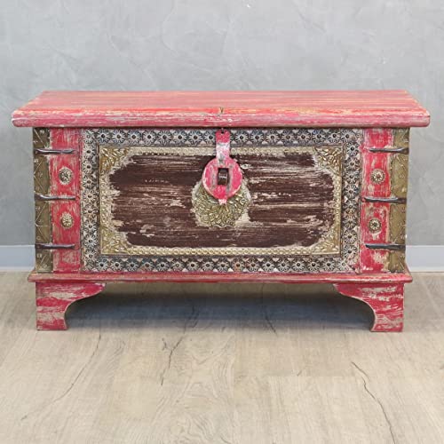 Oriental Galerie Shabby Chic Holztruhe mit Messingbeschlag Schatztruhe Truhe Kiste Box Holz Indien Massiv Antik-Optik Rot Braun 80 cm
