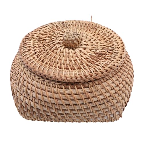 DECOMELODY Rattan Aufbewahrungskorb mit Deckel Rund Handgeflochtene Desktop Box für Sundries Multifunktionale Aufbewahrungskiste für Haushalt und Büro Natürlicher Korbtruhe Organizer