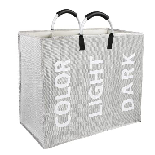 Vegena Faltbarer Stoff Wäschekorb mit Aluminium-Griff, Wäschesammler 3 Fächer Groß Wasserdicht Wäschesortierer Wäschesack Schmutzwäsche Organizer Wäschetrenner Wäschetasche für Schmutzwäsche