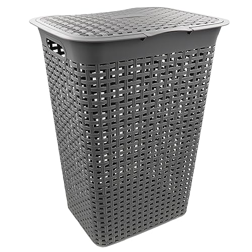 HRB Wäschekorb mit Deckel Rattan 55 Liter, Wäscheaufbewahrung aus Kunststoff, Wäsche Sortierer (Grau, Eckig)