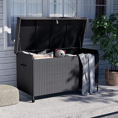 Grand patio Rattan Auflagenbox 678 Liter, 2 Gasdruckfedern Gartenbox mit Deckel, UV-beständig Aufbewahrungskiste mit Zwei Radern, Leicht Bewegen, Kissenbox für Garten, Balkon (Schwarz)