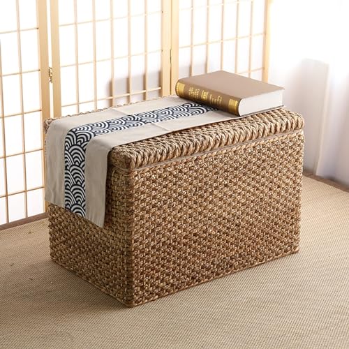Rustikale Korbtruhe im Bauernhausstil, Sitzbank mit Aufbewahrung aus Rattan, Ottomane mit Aufbewahrung aus gewebtem Seegras, Sitztruhe am Fußende des Bettes, Fußhocker aus Holz für das Wohnzimmer (G