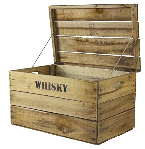 Truhenking Alte Holztruhe mit Deckel und Aufdruck Whisky versch. Größen XS-XXL (50x31x28cm)