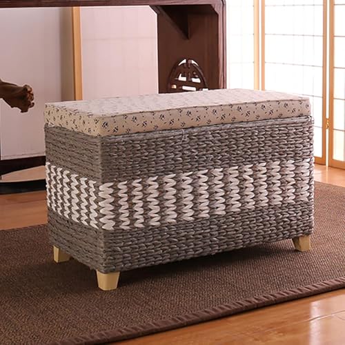 Rattan-Aufbewahrungshocke r, gewebte Korbtruhe, rustikaler Fußhocker aus Seegras, Fußbank am Ende des Bettes, Schuhbank für den Eingangsbereich, für Wohnzimmer und Schlafzimmer, Gra