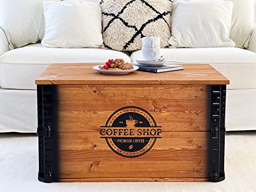 Uncle Joe´s Truhe Coffee Shop Couchtisch Truhentisch im Vintage Shabby chic Style aus Massiv-Holz in braun mit Stauraum und Deckel Holzkiste Beistelltisch Landhaus Wohnzimmertisch Holztisch nussbaum