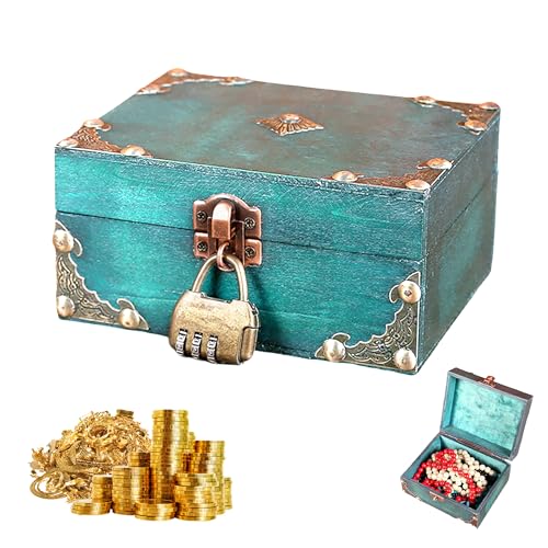 Lunyloer Vintage Holz Schatztruhe, Schatzkiste Holz mit Schloss, Schatzkiste Kindergeburtstag, Mini Schatztruhe für Aufbewahrung Und Dekoration (Grün 15 X12 X 7.5cm)