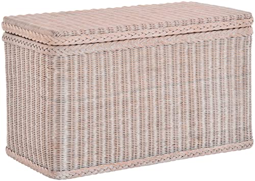 Rattan Wäschekorb Wäschetruhe Aufbewahrungsbox mit Deckel Wäschesammler Sitz-Truhe (Rechteckig, Vintage Weiss)
