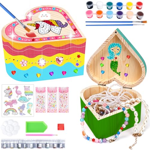 Mini Schatztruhe Holzdosen 2 Stück Schatzkiste Holz Kinder zum Bemalen mit Mosaik Aufkleber, Herzform Schmuckkästchen Mädchen zum Basteln für 6 7 8 9 10 Jahre Kinder Mädchen Geburtstagsgeschenk