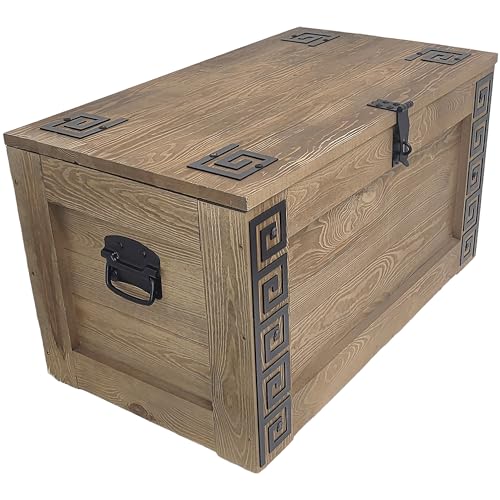 weeco Holztruhe griechisches Design mit Räder. Holzkiste Truhe 80x47x45cm Couchtisch, Schatztruhe Beistelltisch klappbarem Deckel und Stauraum, Holzmobel kiste, spielzeugkiste, Handarbeit