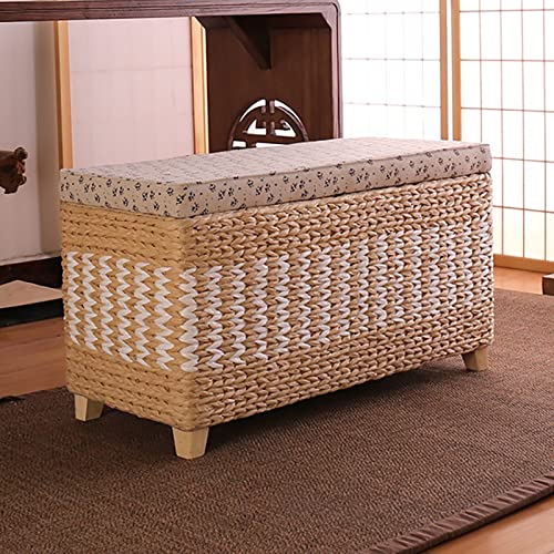 EAZBRIDGE Rustikale Rattan-Sitzbank mit Stauraum, geflochtener Korbtruhe, Fußstütze aus Seegras und Schuhbank, Kaffeebraun, 50 x 30 x 40 cm (Natur, 60 x 30 x 40 cm)