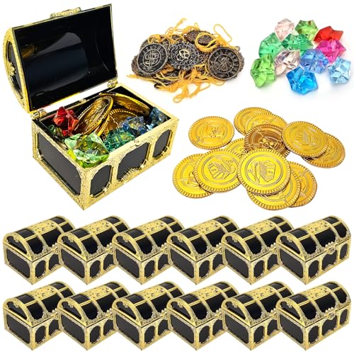 Yuragim 12 Stück Mini Piraten Schatztruhe, 12 Stück Edelsteine für Kinder und Goldmünzen Schatzkiste Süßigkeiten Spielzeug für Piratenparty Kindergeburtstag Deko Geschenke
