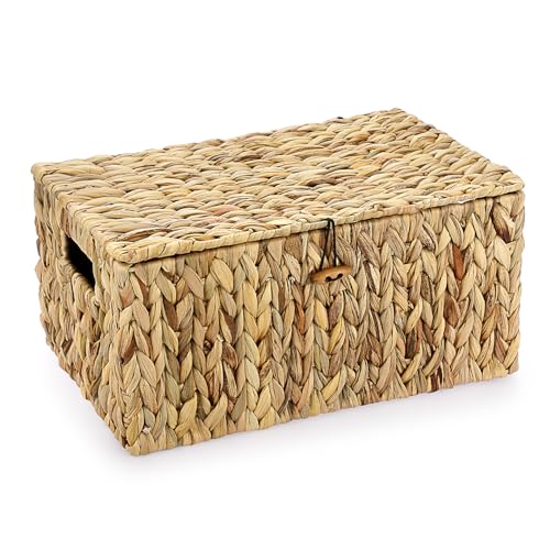 TOLIDA Natürlicher Aufbewahrungskorb aus Wasserhyazinthe Seegras Gewebter Wasserdichte Aufbewahrungskiste mit Deckel Im Wohn, Küche Kleiderschrank für Kleidung Büchern Obst Gemüse Kosmetik36*24*18cm