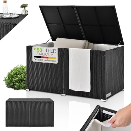 Juskys Polyrattan Auflagenbox Ikaria 950 L inkl. Deckel mit Hubautomatik & Innenplane - Kissenbox 145 x 82 x 79 cm für Garten - Gartenbox schwarz