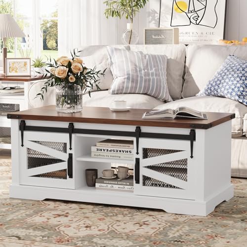 VOWNER 47,2  Couchtisch Truhe Wohnzimmertisch Beistelltisch, Verstellbare Regale und Scheunentür, Amerikanischer Landhausstil, 120L x 54W x 50H cm, (Walnussfarbe+Weiß)