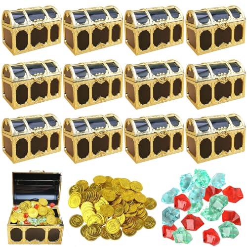 Molbory 12 Stück Mini Schatztruhe, Schatzkiste Kindergeburtstag Set, Schatztruhe Kunststoff, 12 Edelsteine für Kinder und 12 Goldmünzen Schatztruhe für Aufbewahren Und Dekorieren, Kindergeschenk