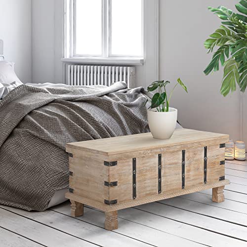 WOMO-DESIGN Couchtisch Truhe Neapel 100x44x50 cm im Vintage Shabby Chic Stil aus Mangoholz Massiv in Natur-Weiß mit Stauraum und Deckel, Unikat Handgefertigt, Wohnzimmertisch Beistelltisch Truhentisch