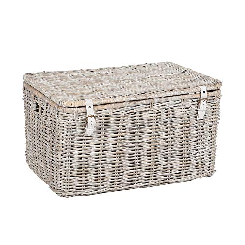 LEBENSwohnART Rattan Truhe RESSY White Wash 70cm Couchtisch Wohnzimmertisch Handarbeit Kiste